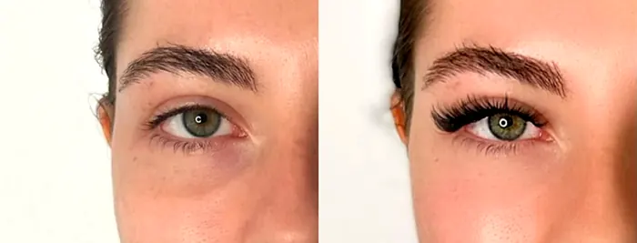 Vorher und nachher: Augen ohne und mit Wimpernverlängerung